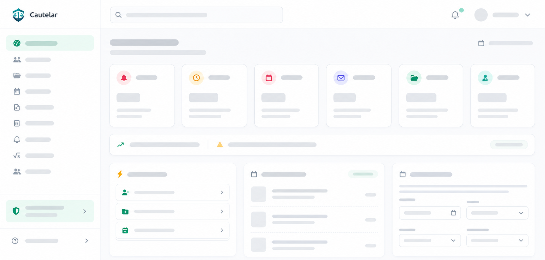 Captura del dashboard de Cautelar mostrando causas activas, agenda con plazos próximos y panel de liquidaciones